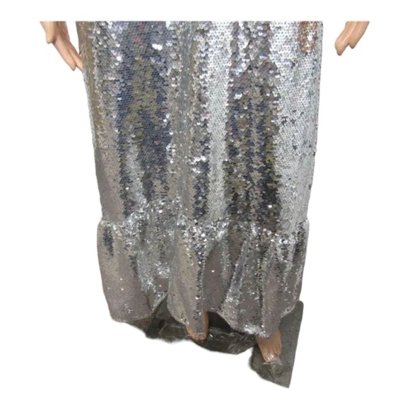 MAEVE Anthropologie One Shoulder Sequin Ruffle Maxi Dress Silver Medium NWT - Picture 10 of 11
